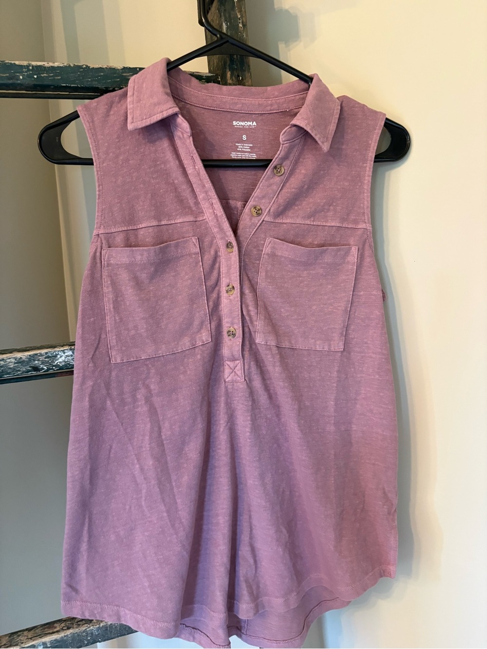 SONOMA Mauve Pink Sleeveless Henley Tank with Patch Pockets